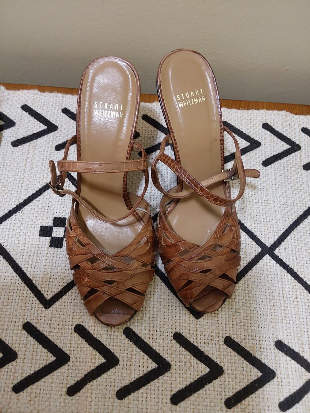 Stuart Weitzman Cognac Brown Woven Leather Peep-Toe Heels